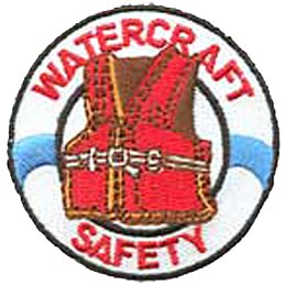 An inflatable white life saver has the words Watercraft (at the top) and Safety (at the bottom) on it. In the center of the life saver is a red life jacket.